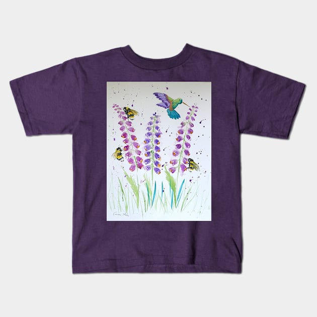 Hummingbird, bumble bee and foxglove Kids T-Shirt by Casimirasquirkyart